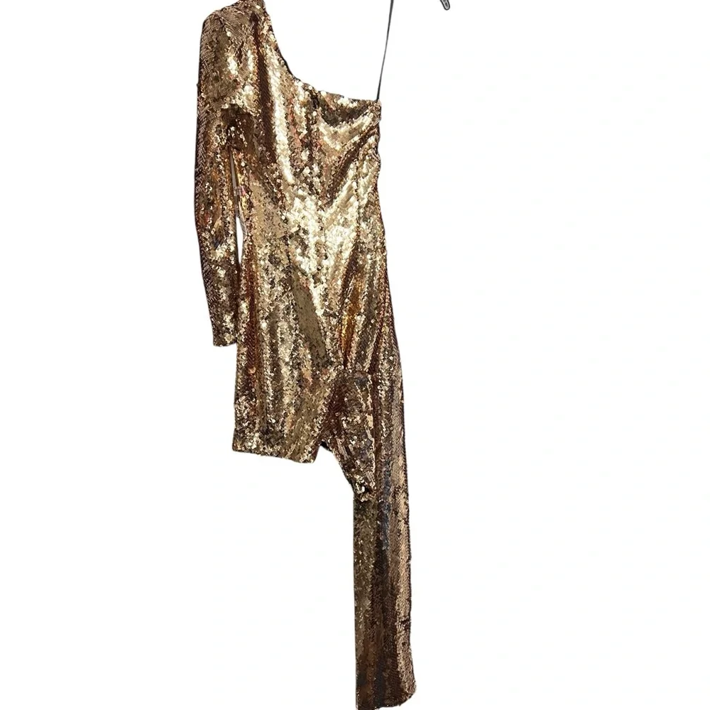 NADINE MERABI Gold Sequin One Shoulder Cocktail Dress - Picture 5 of 9